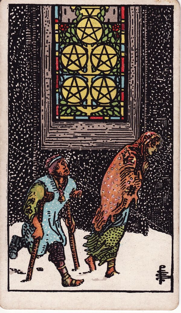 Cinco de Ouros, ilustração de Pamela Colman Smith